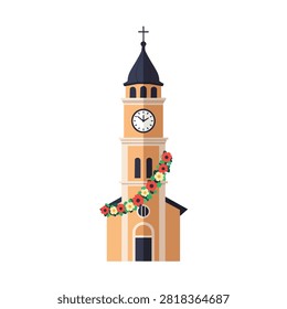 Beautiful flat vector illustration of a traditional church clock tower with floral garland decoration