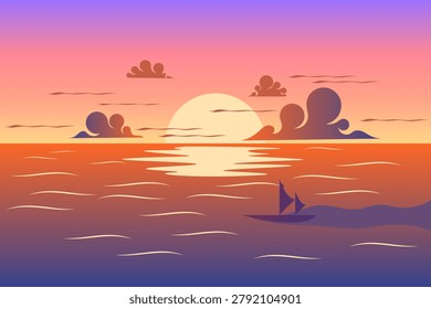 Beautiful flat vector illustration of a tropical ocean sunset. Features a warm orange, purple, and pink sky, a bright sun, calm water waves reflection, fluffy clouds, and a distant sailboat