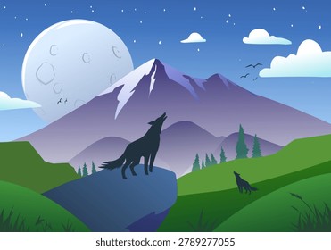 A beautiful flat vector illustration of a wild wolf howling on a rocky cliff under a giant full moon. The atmospheric night landscape features layered mountains, a starry sky with clouds, flying birds, and a pine tree forest. Perfect for nature wallpapers