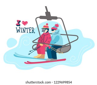 Beautiful flat vector illustration winter sport activites. ski lift