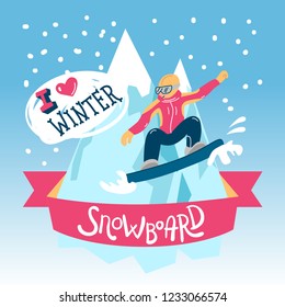 Beautiful flat vector illustration winter sport activites. Snowboard