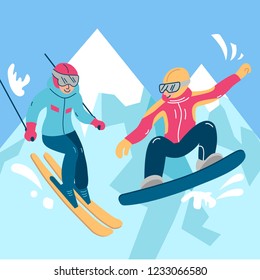 Beautiful flat vector illustration winter sport activites. Ski and snownoard.