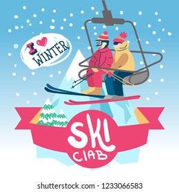Beautiful flat vector illustration winter sport activites. ski lift