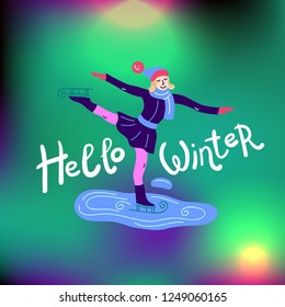 Beautiful flat vector illustration winter sport activites. skating