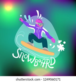 Beautiful flat vector illustration winter sport activites. Snowboarding