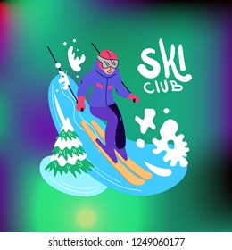 Beautiful flat vector illustration winter sport activites. Skiing.