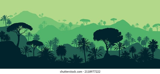 Beautiful flat vector landscape of a layered rainforest jungle in green colors.