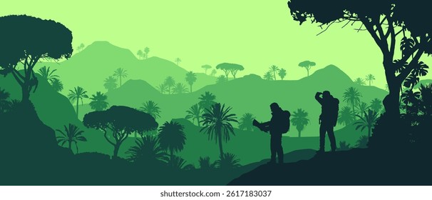 Beautiful flat vector landscape of layered rainforest jungle in green colors with hikers looking at view with a monkey.