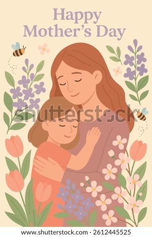 Beautiful flat vector with “Mother’s Day” lettering, lilac flowers, leaves, and buzzing bees. A detailed and elegant design ideal for spring greeting cards, posters, and Mother's Day celebration graph