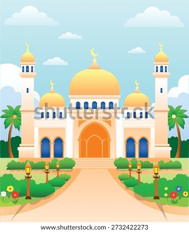 Beautiful Flat Vector Mosque Illustration with Garden and Clear Sky