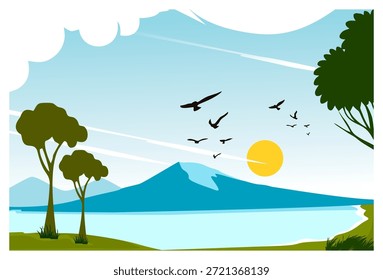 Un hermoso paisaje natural de Vector plano que representa una escena matutina o vespertina junto a un lago o mar. Los Elementos en la Imagen incluyen montañas distantes, árboles sombreados en la orilla, un sol brillante, agua tranquila, siluetas de pájaros en el aire y formaciones de nubes blancas y esponjosas.
Ideal para diseños con temas de naturaleza, vacaciones o fondos de ilustración tranquilos y calmantes.