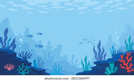 Beautiful Flat Vector Underwater Ocean Landscape Background With Coral Reef And Silhouettes Of Fish