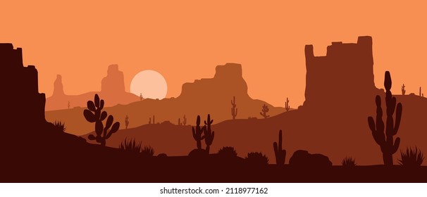 Beautiful flat vector western desert landscape with rock formations and cactuses in orange colors.