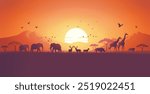  Beautiful flat vector of wild animals walking at sunset, celebrating World Animal Day and ecosystem protection.