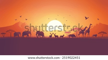  Beautiful flat vector of wild animals walking at sunset, celebrating World Animal Day and ecosystem protection.