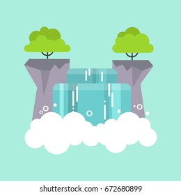 Beautiful Flat Waterfall Landscape. Nature. Tourism / Flat Editable Vector Illustration, Clip Art