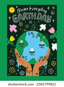 A beautiful flat-style illustration advocating for daily environmental care, featuring hands holding the Earth, surrounded by flowers, birds, and greenery, symbolizing renewal and sustainability.