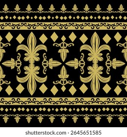 A bela Fleur de lis inspirou o barroco vitoriano medieval Elaborar o rico ornamento de ouro real Borda padrão. Pergaminho estilo império requintado e elemento geométrico para decoração de luxo bordado Batik