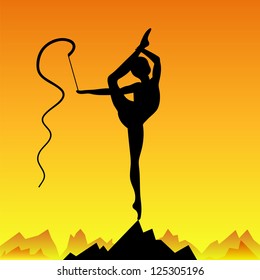 Beautiful flexible girl gymnast staying on one leg. Girl at success peak. Trainings from sunrise to a sunset. Vector illustration of persistence, aspiration and inspiration.