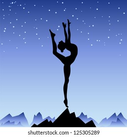 Beautiful flexible girl gymnast staying on one leg. Girl at success peak. Trainings from sunrise to a sunset. Vector illustration of persistence, aspiration and inspiration.