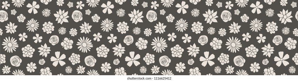 Beautiful flora banner - panoramic header with seamless pattern. Vector.