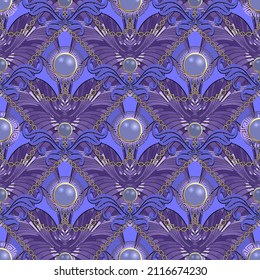 Beautiful floral 3d seamless pattern. Vintage flowers, leaves ornaments. Textured waves and stripes background. Jewelry repeat backdrop with waves, stripes, greek style mandalas, chains, buttons.