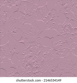 Beautiful floral 3d seamless pattern. Rose color gentle embossed background. Relief emboss lily, orchid flowers. Vector repeat floral pink backdrop. Vintage flowers ornament. Surface endless texture.