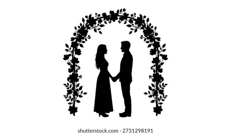 A beautiful floral arch frames a couple presented in a bold, striking silhouette style.