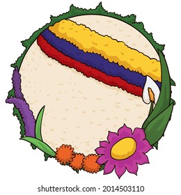 Beautiful floral arrangement in a circular Silleta decorated with Colombian flag for the Festival of Flowers parade.