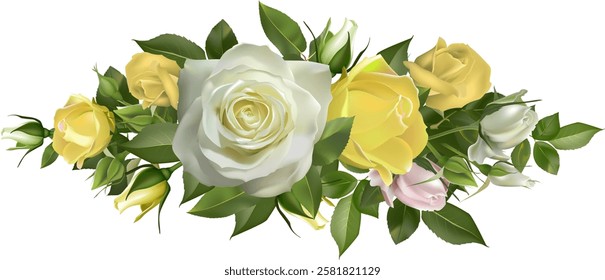 Beautiful floral arrangement featuring yellow and white roses with lush green leaves. Perfect for wedding decor, romantic settings, or nature themed designs