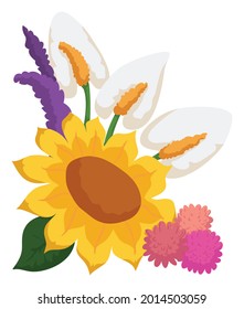 Beautiful floral arrangement made with colorful flowers: yellow sunflower, pink pompom dahlias, white anthuriums and purple lavenders.
