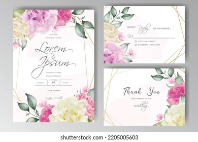 beautiful floral arrangement with watercolor splash and geometrical wedding invitation card template