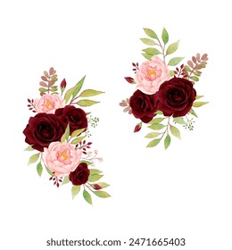 Hermosos arreglos florales con rosa borgoña y peonía. Ramo floral de acuarela