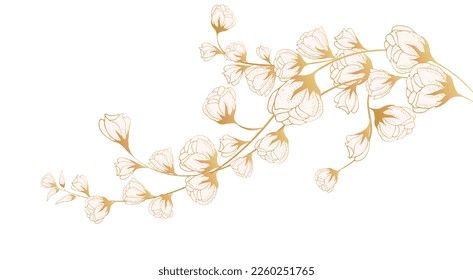 Beautiful floral art background with space for text. Luxury wallpaper on the side with white flowers, leaves and branches on the side. Hand drawing. Elegant botanical design for banner, invitation