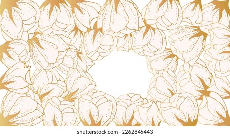 Beautiful floral art background with space for text. Luxury wallpaper on the side with white flowers, leaves and branches on the side. Hand drawing. Elegant botanical design for banner, invitation