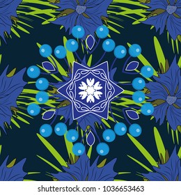 Beautiful floral background in black, violet and blue colors. Can be used for textile, book cover, packaging, wedding invitation. Vector seamless pattern with stylized flowers.