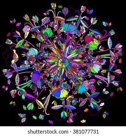 Beautiful floral background. Bright illustration on black background, can be used for invitation card for wedding, birthday and other holiday or t-shirt print.