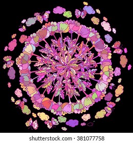 Beautiful floral background. Bright illustration on black background, can be used for invitation card for wedding, birthday and other holiday or t-shirt print.