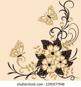 Beautiful floral background with butterflies in black and yellow colors with place for your text.