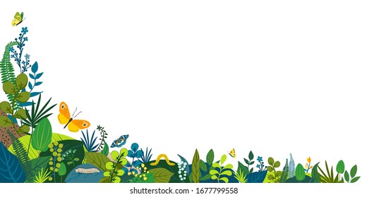 Beautiful floral background, corner frame. Green leaves, colorful flowers, caterpillar and butterflies. Spring, summer corner for social network, invitation, wedding, birthday. Vector illustration.