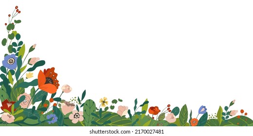 Beautiful floral background, corner frame. Green leaves, colorful flowers, buds, grass. Spring, summer corner for social network, invitation, wedding, birthday. Vector illustration