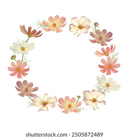 Beautiful floral background. Cosmos. Mexican aster. Wreath of flowers. Multicolored flowers and leaves. Pink.