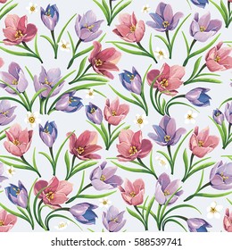 Beautiful Floral background with crocuses. Elegance vintage seamless pattern with Watercolor flowers. Greeting easter, happy Mothers and Womens Day card