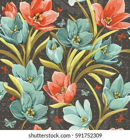 Beautiful Floral background with crocuses. Elegance vintage seamless pattern with Watercolor flowers. Greeting easter, happy Mothers and Womens Day card