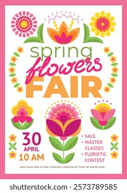 Beautiful floral background with decorative stylized flowers of different shapes. Minimalistic poster template for spring flower fair