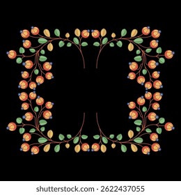 Beautiful floral background or frame with blooming branches. Green vines with ripe red fruits or berries on black background.