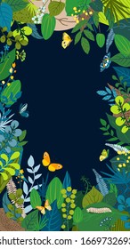 Beautiful floral background, frame. Green leaves, colorful flowers, caterpillar and butterflies. Spring and summer card for social network backdrop, invitation, wedding, birthday. Vector illustration.