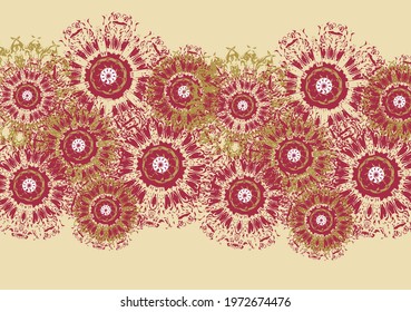 Beautiful floral background in golden and dark red tones. Decorative flowers like sunflowers formed a pattern that can be used for the textile industry, wallpaper, prints, postcards, etc.