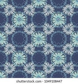 Beautiful floral background in gray, black and blue colors. Can be used for textile, book cover, packaging, wedding invitation. Vector seamless pattern with stylized flowers.