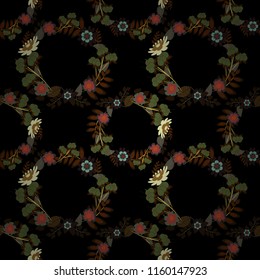 Beautiful floral background in gray, orange and brown colors. Can be used for textile, book cover, packaging, wedding invitation. Raster seamless pattern with stylized flowers.